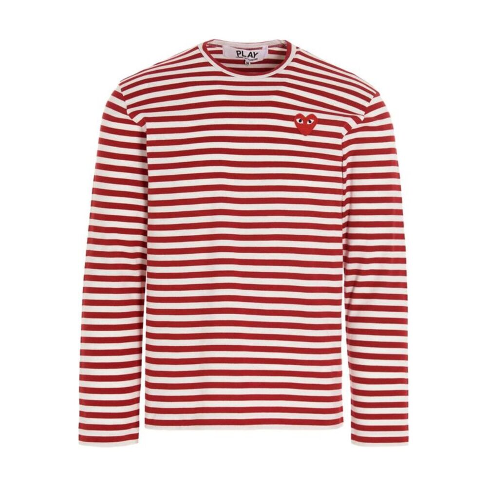 Comme Des Garçons Play Men Red Heart Striped Cotton T-Shirt